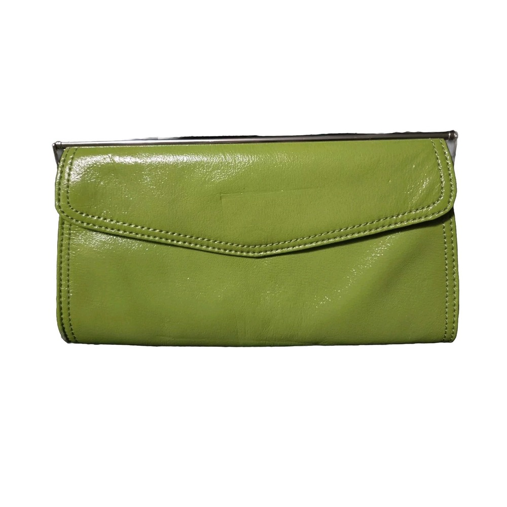 Ann Taylor Genuine Leather Green Clutch Purse Bag With Silver Toned Trim 9.5 X 5